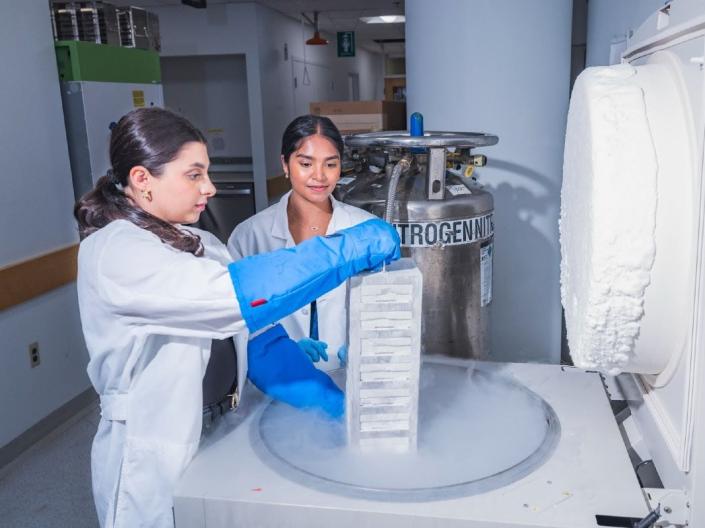 Two researchers wear PPE while working in a lab setting