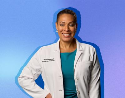 A photo of Dr. Elizabeth Clayborne in her white coat.