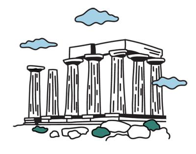 A black and white illustration of ancient Greek ruins with columns and a partial roof.