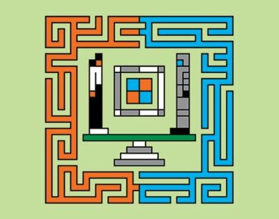 Pixel illustration with two figures surrounded by more pixels