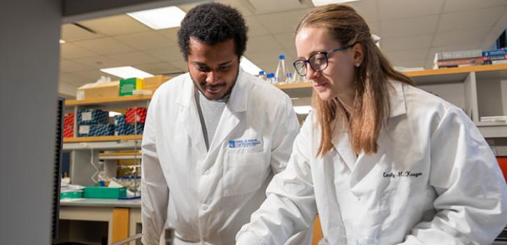 Two people in lab coats looking at a table