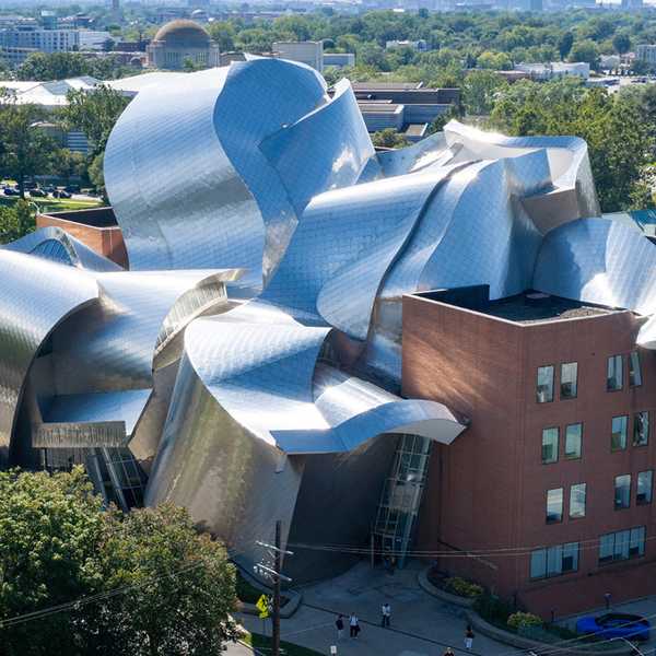 An aerial shot of CWRU’s Peter B. Lewis Building.