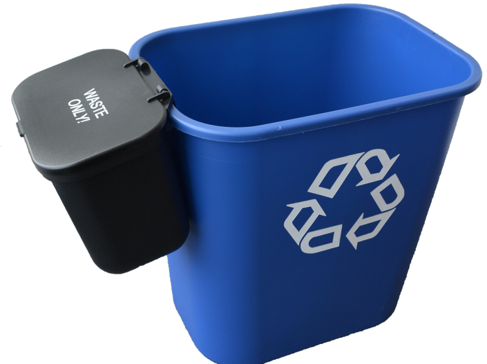 Image shows a blue deskside recycling bin with a black "waste only" sidecar.