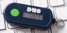 Example of a Duo Hardware Token, which is a small device that fits on a keychain.