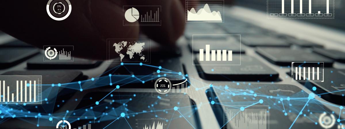 Creative visual of business big data and finance analysis on computer showing concept of statistical investment decision making methodology, fintech and financial engineering .