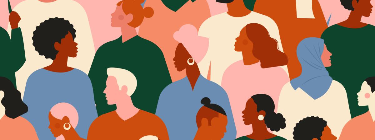 Flat cartoon vector illustration of diverse group of people standing together