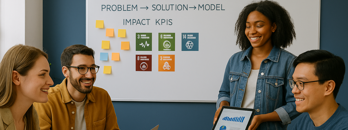 Four people discussing Problem to Solution to Model Impact KPI's (AI-Generated)